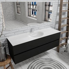 Zaro Sevilla Solid Surface badmeubel 150cm mat zwart 1 kraangat met 2 lades spoelbak midden