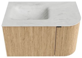 Mondiaz Kurve-dlux 75cm badmeubel ronding rechts oak met 1 lade en deur en wastafel grunne kraangat links opalo