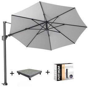 Challenger T2 zweefparasol 350 cm rond lichtgrijs met 90KG voet en hoes