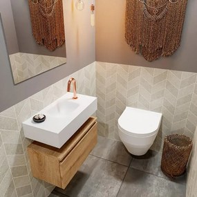 MONDIAZ ANDOR Toiletmeubel - 60x30x30cm - 1 kraangat - 1 lades - washed oak mat - wasbak midden - Solid surface - Wit FK75343367