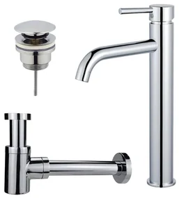Fortifura Calvi Wastafelkraanset - verhoogde wastafelkraan - klikwaste plug - verlaagde design sifon - Chroom SW377811/SW696203/SW696219