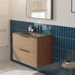 Saqu Lima badmeubel incl. keramische wastafel 80x46x61cm toffee – mat zwarte greep