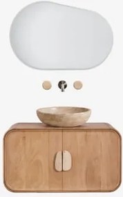Hangend Badkamermeubelset 95x45 Cm Van Mangohout En Natuurlijke Kivalina-steen Travertijn - Mangohout & Ronde Travertijn Ø40 Cm Eskel & Ovaal Led -