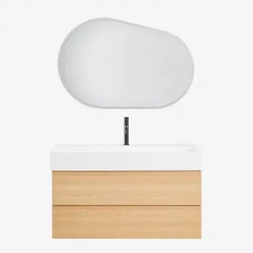Ona Zwevend Badkamermeubelset Van Hout En Essenfineer Met Geïntegreerde Wastafel Natuurlijk Hout & Ovaal Led En Anticondens 100x80 Cm Riben & - Sklum
