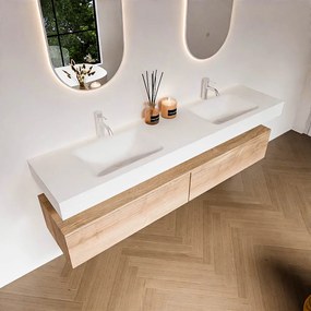 Zaro Alan badmeubel 190cm washed oak 2 lades met vrijhangende wastafel cloud dubbel 2 kraangaten talc