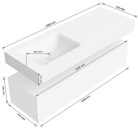 Zaro Alan badmeubel 130cm sand met 1 lade en vrijhangende wastafel links met kraangat wit mat