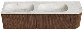 Mondiaz Kurve-dlux 165cm badmeubel ronding rechts walnut met 2 lades en 1 deur en wastafel stor small dubbel/links 2 kraangaten ostra