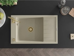 Mexen Elias granieten spoelbak met 1 kom en afdruiprek 795 x 480 mm, beige, gouden sifon - 6511791005-69-G