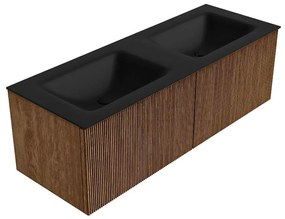 Mondiaz Kurve 130cm badmeubel walnut met 2 lades en wastafel cloud dubbel zonder kraangat urban