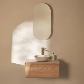 Tedrik Badkamermeubelset In Essenhout Ash Brown & Rond Cement Wit Ø40 Cm Zavion & Ovaal Met Opbergruimte 45x90 Cm Abner & Goud ↑30 - Sklum
