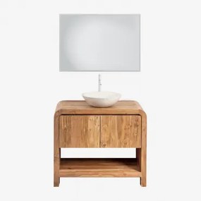 Vacry Houten Badkamermeubelset Acacia Bruin & Rond Cement Wit Ø40 Cm Zavion & Rechthoekige Led En Anticondens 100x70 Cm Riben & Wit ↑30 Cm Met Aftapkr