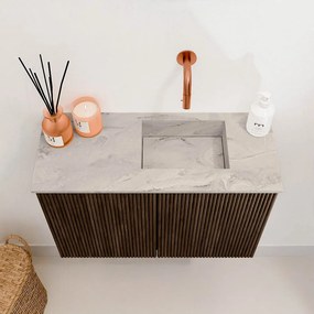 Mondiaz Joya DLux 60cm toiletmeubel walnut met wastafel faye rechts zonder kraangat glace