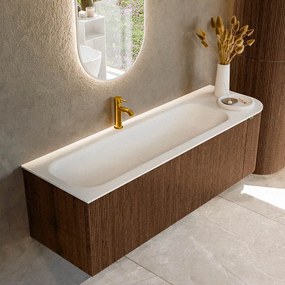 Mondiaz Kurve 145cm badmeubel ronding rechts walnut met 1 lade en deur en wastafel big large kraangat links