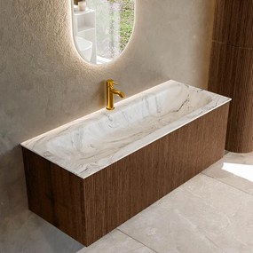Mondiaz Kurve-dlux 120cm badmeubel walnut met 1 lade en wastafel big large midden 1 kraangat glace