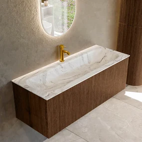 Mondiaz Kurve-dlux 120cm badmeubel walnut met 1 lade en wastafel big large midden 1 kraangat glace