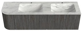 Mondiaz Kurve-dlux 155cm badmeubel ronding links shadow met 2 lades en 1 deur en wastafel leaf dubbel/rechts 2 kraangaten opalo