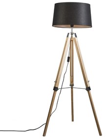 Vloerlamp naturel met zwarte linnen kap 45 cm - Tripod Design, Industriele / Industrie / Industrial, Retro E27 Binnenverlichting Lamp
