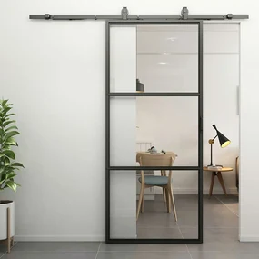 Stalen Schuifdeur -  3-vaks Helder Glas - Zwart - Incl. Rails