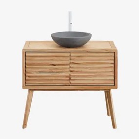 Deleyna Badkamermeubelset 90x45 Cm Van Hout Natuurlijk Hout & Rond Grijs Cement Ø40 Cm Tarsis & Spiegelloze & Wit ↑30 Cm - Sklum