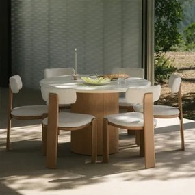 Set Van Ronde Tafel Ø120 Cm In Cement Sharpay En 6 Tuinstoelen Van Acaciahout En Malta Bouclé Stof Lichte Acaciekleur - Sklum