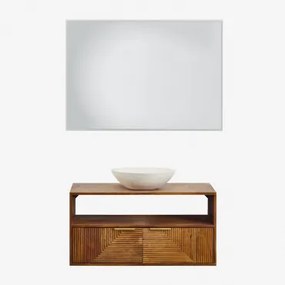 Baty Mangohouten Badkamermeubelset Mangohout & Rond Cement Wit Ø40 Cm Zavion & Rechthoekige Led En Anticondens 100x70 Cm Riben & Zonder Kraan - Sklum