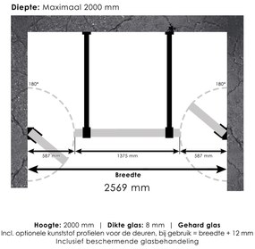 Brauer JC profielloze niscabine XL 260x200cm met 60cm deuren zwart mat