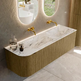 Mondiaz Kurve-dlux 145cm badmeubel ronding links dusk met 1 lade en deur en wastafel leaf dubbel/rechts zonder kraangat glace