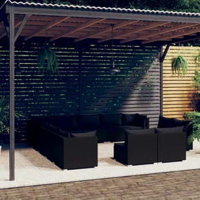 vidaXL 13-delige Loungeset met kussens poly rattan zwart