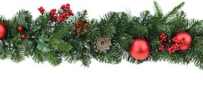 Guirlande "Victoria" - groen - L180 cm x diameter 30 cm - met rode bessen, dennenappels & kerstballen