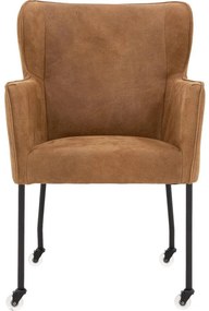 Goossens Excellent Eetkamerstoel Leogang donkerbruin leer met armleuning en met wielen, elegant chic
