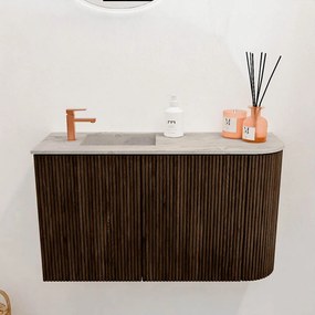 Mondiaz Joya DLux 70cm toiletmeubel ronding rechts walnut met wastafel faye links 1 kraangat glace