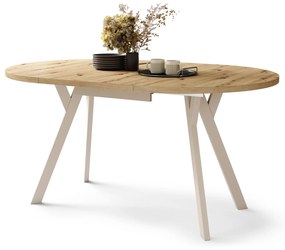ALMO Eiken Artisan/Beige poten - RONDE LOFT/INDUSTRIËLE TAFEL VOOR WOONKAMER/EETKAMER, UITSCHUIFBAAR