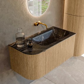 Mondiaz Kurve-dlux 95cm badmeubel ronding links oak met 1 lade en deur en wastafel big small rechts zonder kraangat lava