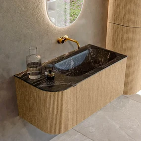 Mondiaz Kurve-dlux 95cm badmeubel ronding links oak met 1 lade en deur en wastafel big small rechts zonder kraangat lava