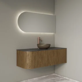 Gliss Design Alluro badmeubel ribbelfront met ronding links 120cm castle brown en zwart leisteen toppaneel
