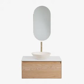 Tedrik Zwevend Badkamermeubelset Van Essenhout Ash Brown & Rond Cement Wit Ø40 Cm Zavion & Ovaal Met Opbergruimte 45x90 Cm Abner - Sklum