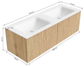 Mondiaz Kurve 130cm badmeubel oak met 2 lades en wastafel cloud dubbel zonder kraangat