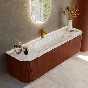 Mondiaz Kurve-dlux 160cm badmeubel ronding links/rechts ruby met 1 lade en 2 deuren en wastafel big medium midden 1 kraangat glace