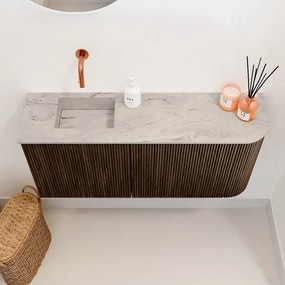 Mondiaz Joya DLux 90cm toiletmeubel ronding rechts walnut met wastafel faye links zonder kraangat glace