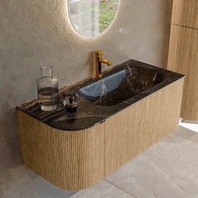 Mondiaz Kurve-dlux 105cm badmeubel ronding links oak met 1 lade en deur en wastafel big small kraangat rechts lava
