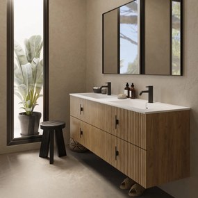 Muebles Avila badmeubel ribbelfront 160cm warm eiken met dubbele wastafel met kraangaten