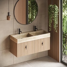 Muebles Zahora badmeubel ribbelfront 120cm naturel eiken met White Travertin wastafel met kraangaten