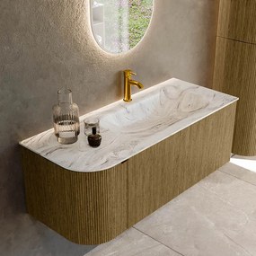 Mondiaz Kurve-dlux 115cm badmeubel ronding links dusk met 1 lade en deur en wastafel big small kraangat rechts glace