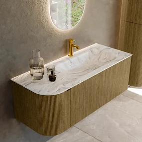 Mondiaz Kurve-dlux 115cm badmeubel ronding links dusk met 1 lade en deur en wastafel big small kraangat rechts glace