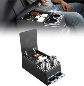 VEVOR middenconsole voor de achterbank, 435 x 250 x 230 mm, zwart. Opbergbox voor voertuigen met achterbank, met 2 bekerhouders en een houder voor een mobiele telefoon. Veilig te bevestigen met gespen en verplaatsbaar.