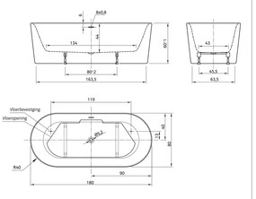 Xenz Friso vrijstand bad acryl 180x80x60cm met badvulcombinatie wit glans