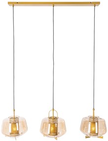 Hanglamp goud met amber glas 30 cm langwerpig 3-lichts - Kevin