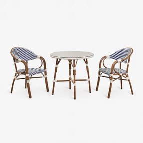 Brielle Bistro Ronde Tafelset Ø80 Cm En 2 Stapelbare Eetkamerstoelen Met Armleuningen In Aluminium Ken Blauw - Gardenia Wit - Sklum