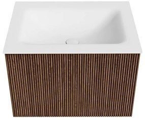 Mondiaz Kurve 60cm badmeubel walnut met 1 lade en wastafel cloud midden zonder kraangat
