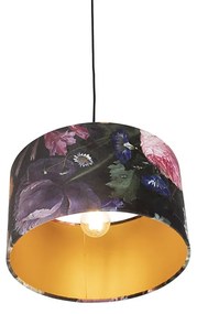 Stoffen Hanglamp met velours kap bloemen met goud 35 cm - Combi Klassiek / Antiek E27 cilinder / rond rond Binnenverlichting Lamp